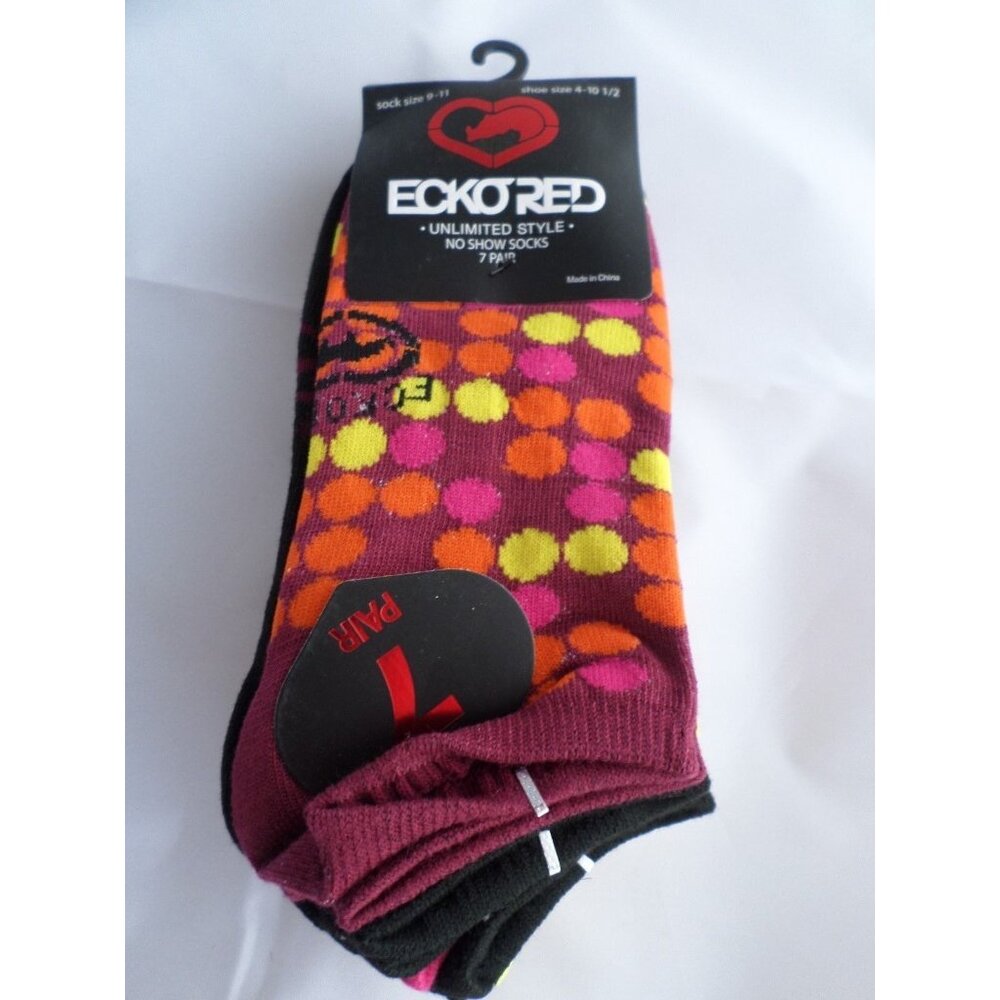 7 Pair Ecko Red No Show Socks Dots Orange Black Yellow 4-10 1/2